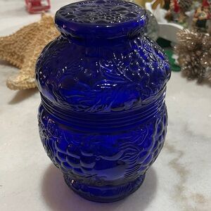 Imperial Antique Cobalt Blue Fruit Cherry Grape Pear Pattern Covered Jar EVC